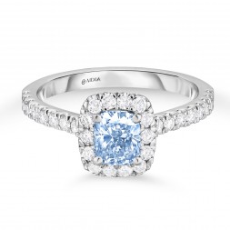 Surprise Diamond Halo Engagement Ring with a 0.77ct Fancy Light Blue, VS2 Cushion Cut Lab-Grown Diamond	